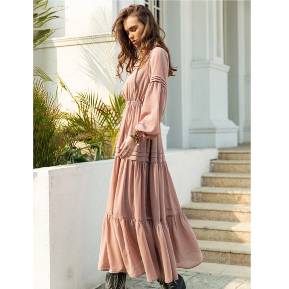 Pink Bohemian Maxi Dress Chiffon Neck Ties Long Sleeve Ruffle Hem Flowy - Picture 9 of 10